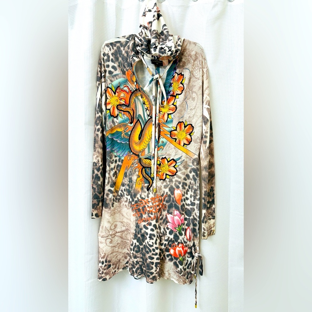 Vintage Ed hardy hooded lightweight sweater dress. Hand stitched. Rhinestone